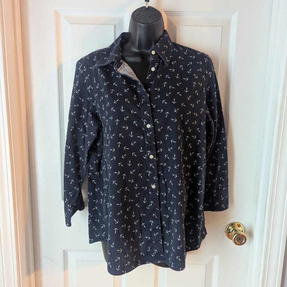 Chaps navy blue button down with anchor print- large